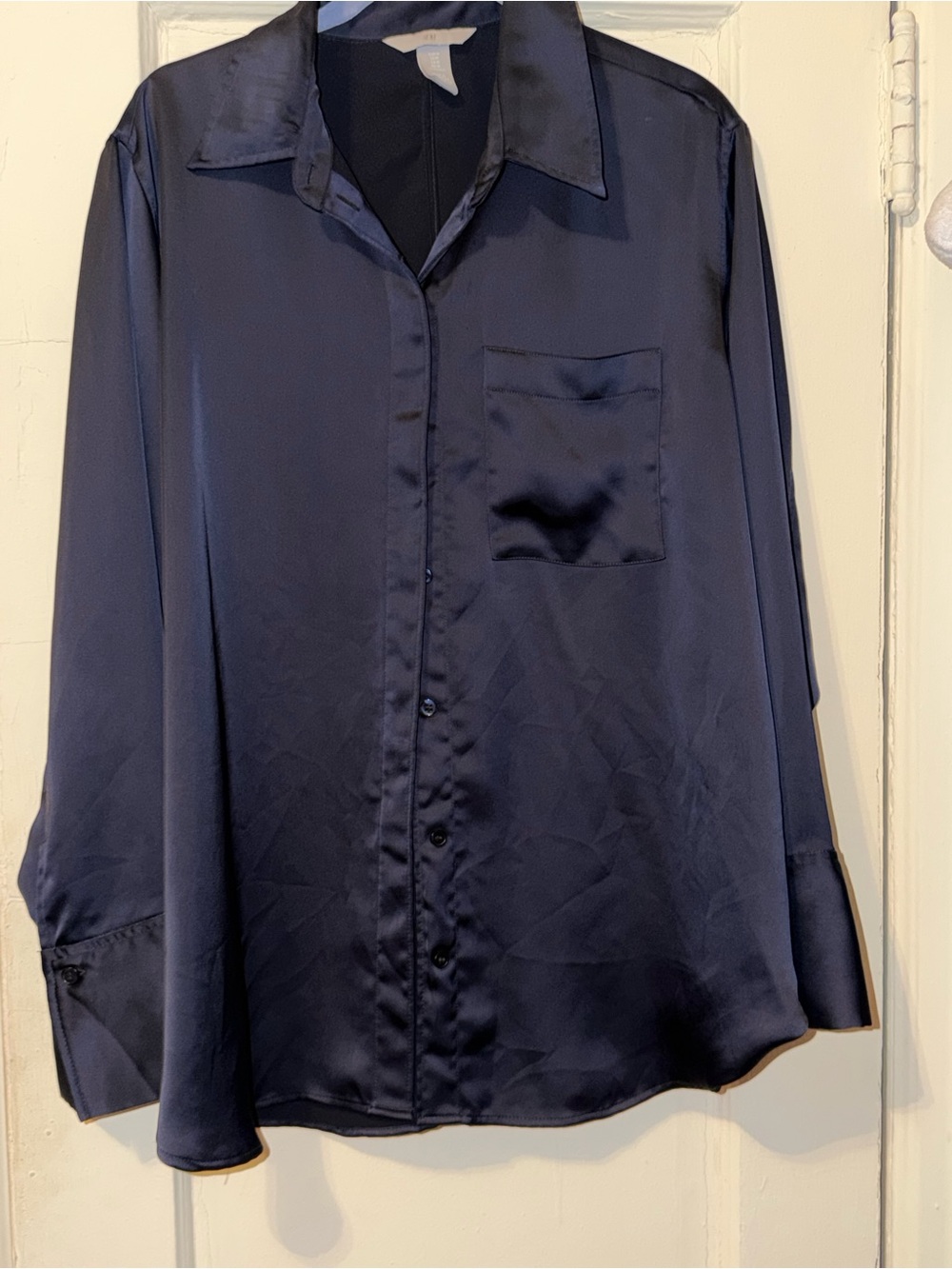 Navy Satin Button-Up Shirt
